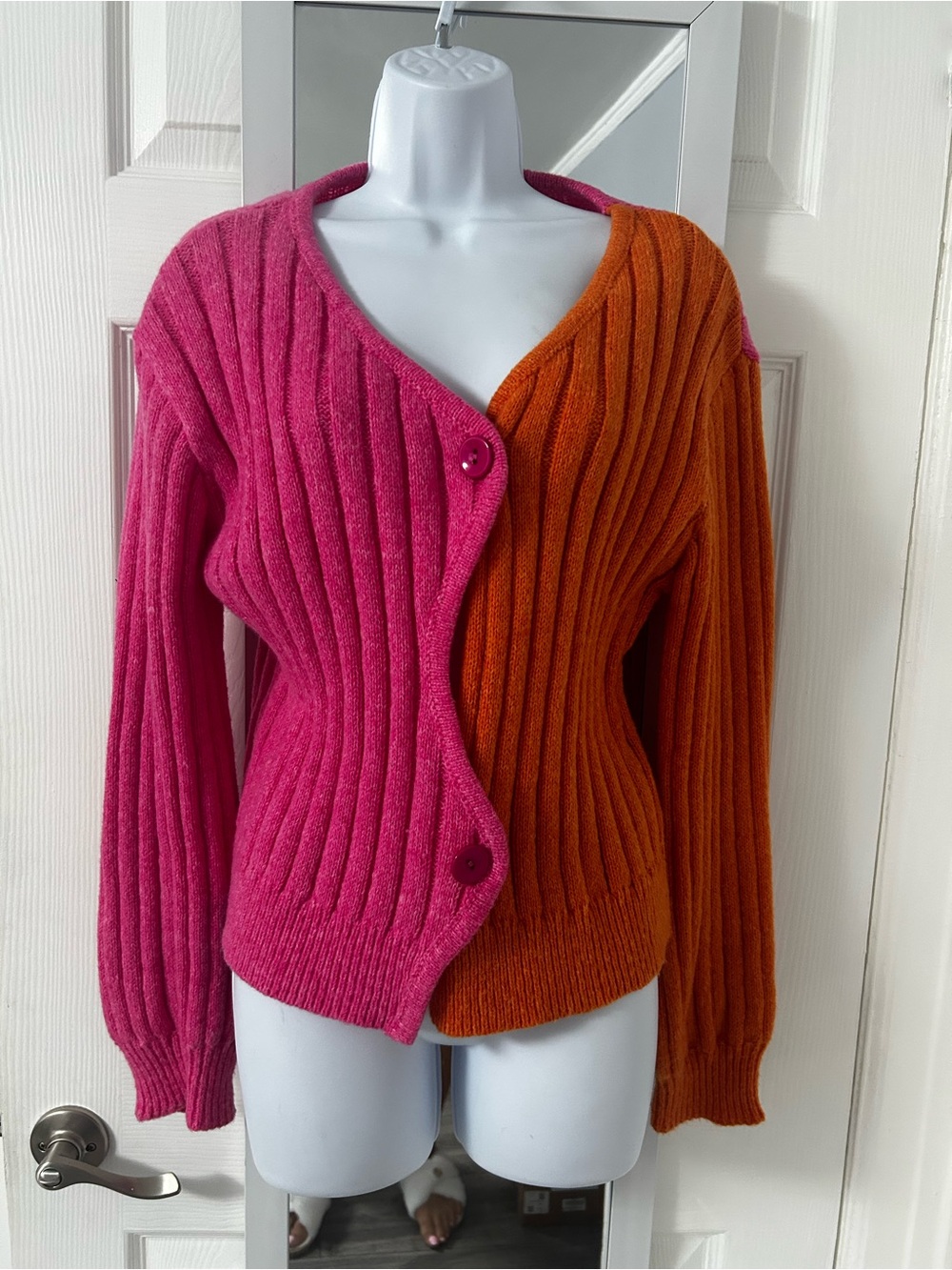 SHEIN Two-Tone Ribbed Cardigan in Fuchsia and Burnt Orange